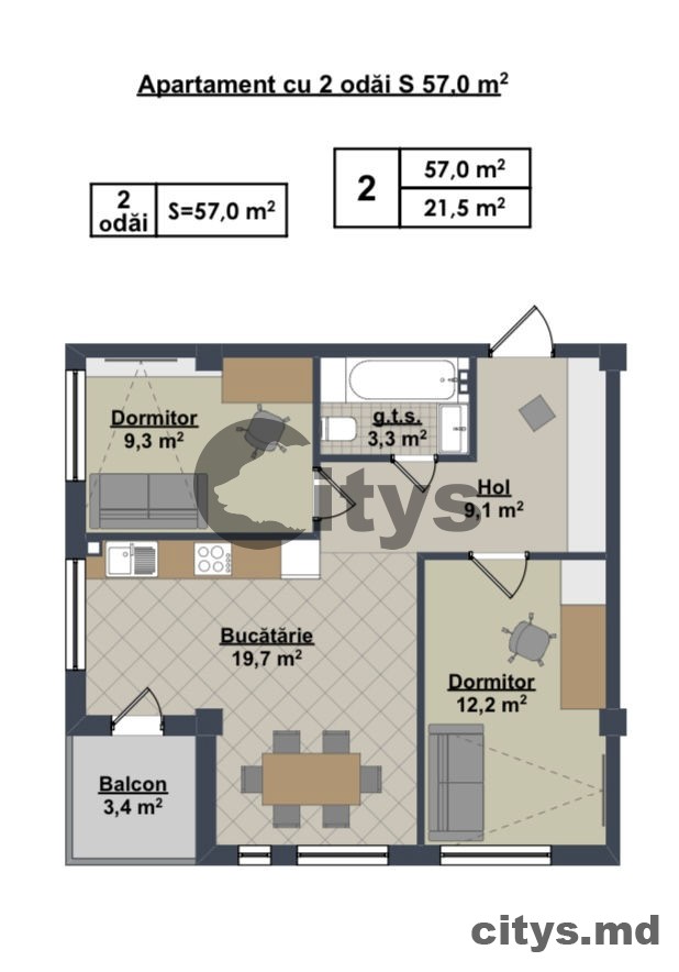 Apartament cu 2 camere, 57m², Ialoveni, Centru, str. Moldova photo 9