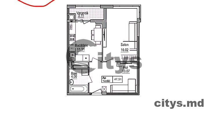 Apartament cu 1 cameră, 48m², Chișinău, Poșta Veche, str. Ceucari photo 2