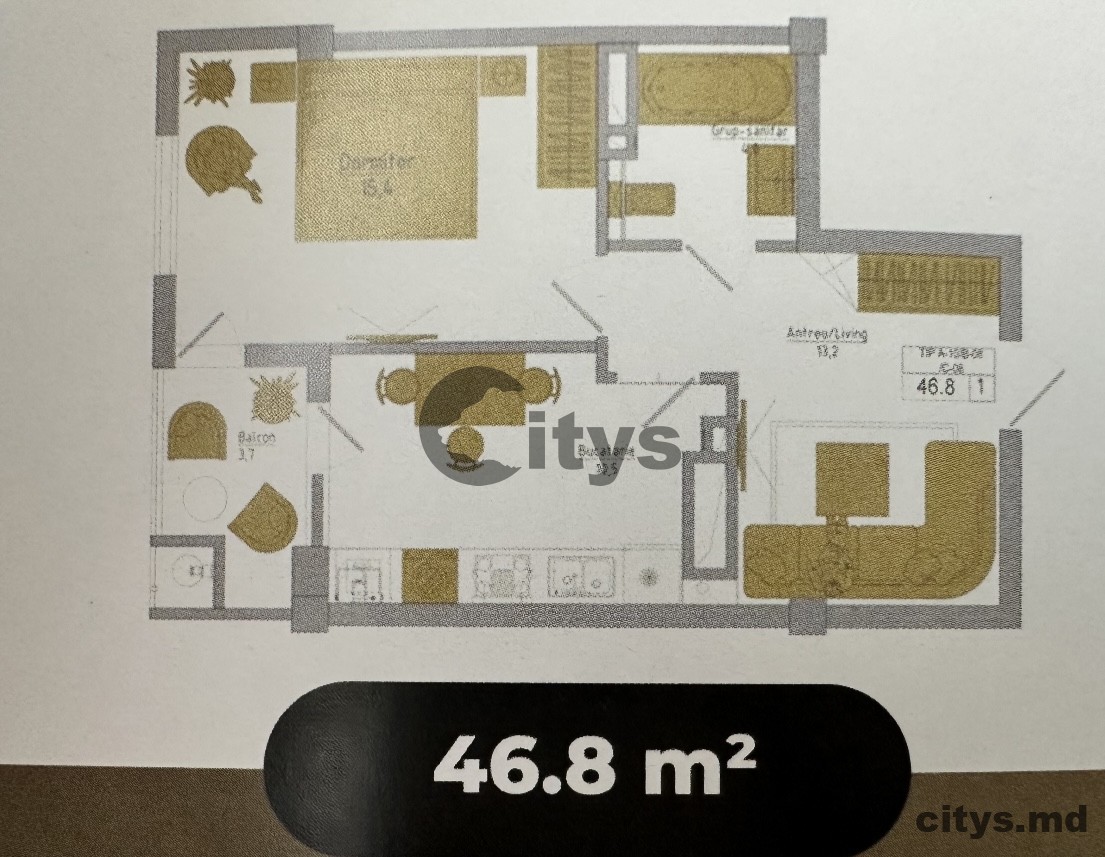 1 комнатная квартира, 46м², Șoseaua Hîncești photo 0