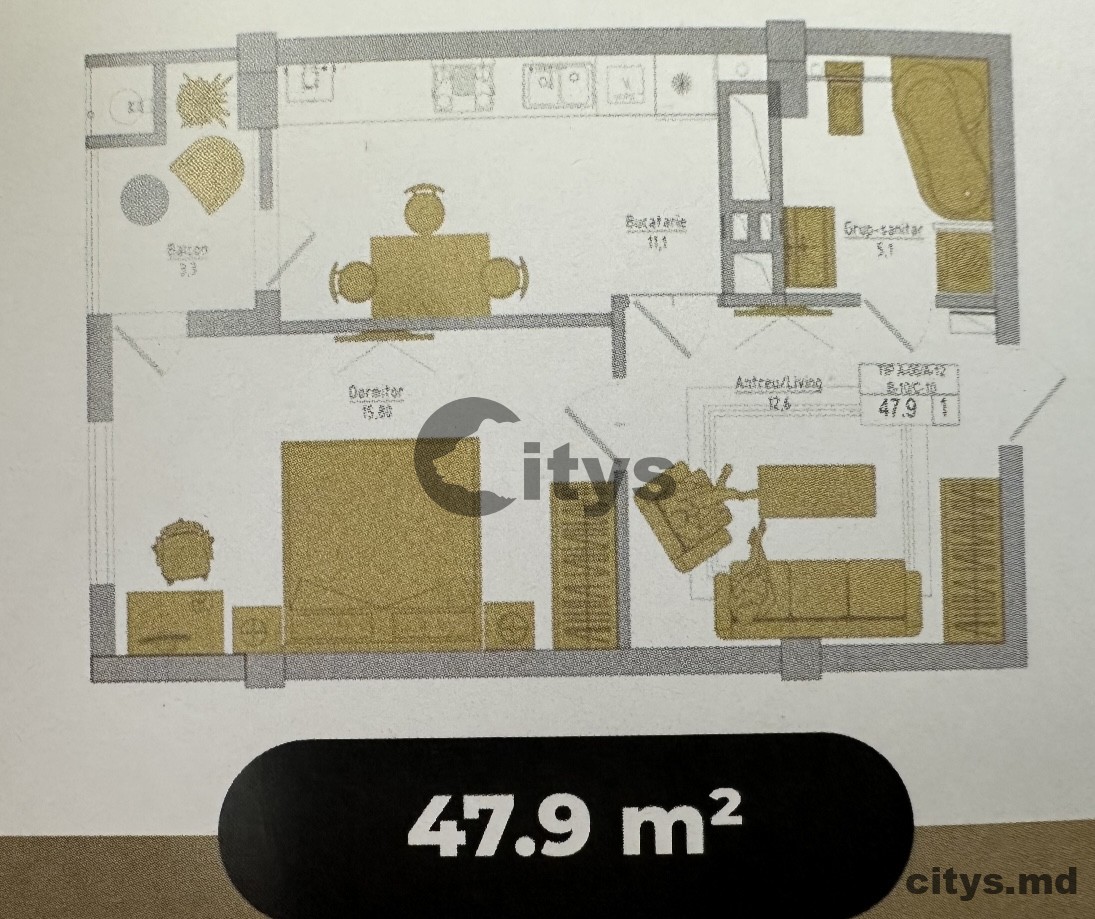 1 комнатная квартира, 46м², Șoseaua Hîncești photo 10