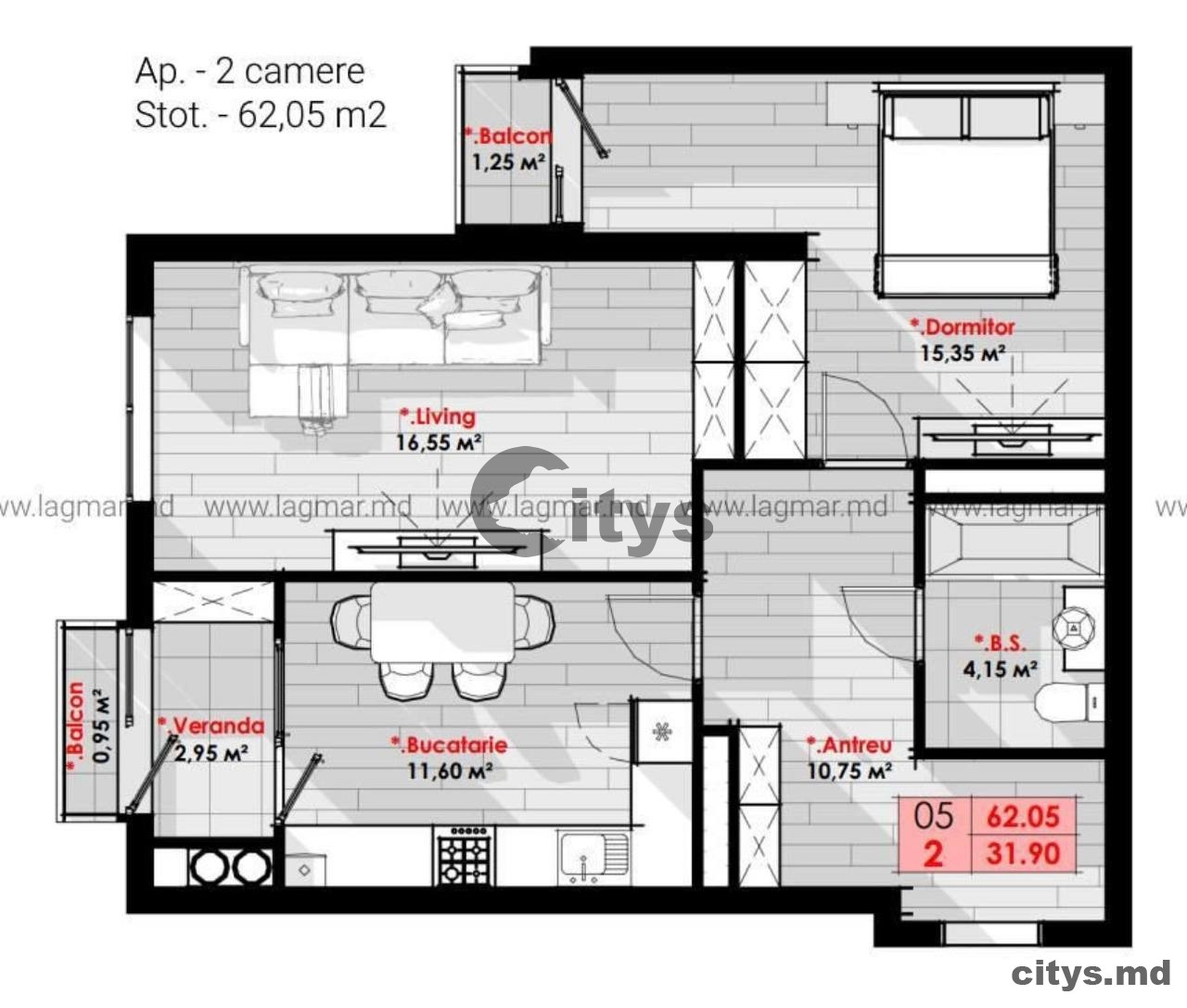 Apartament cu 2 camere, 60m², Cornesti 7348 photo 8