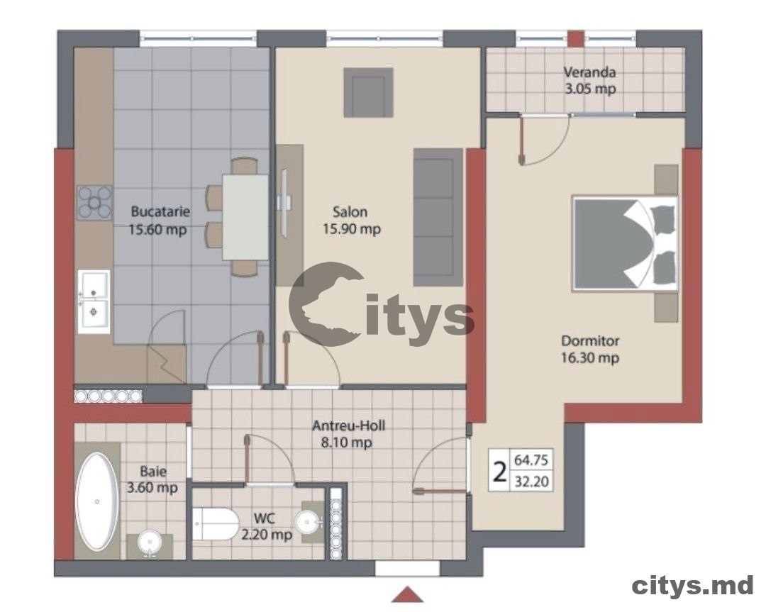 Apartament cu 2 camere, 67m², Botanica, Diminiții photo 2 - citys.md Apartament cu 2 camere, 67m², Botanica, Diminiții photo 1